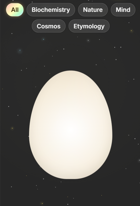 The Knowlegg app interface, showing a calm, unhatched egg in a starry background